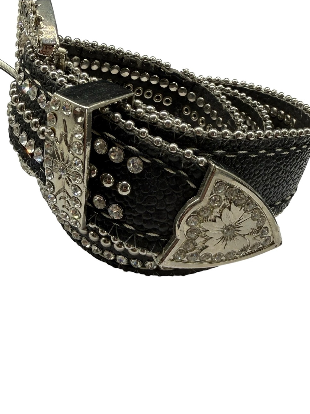 Y2K BTS 2742 Rhinestone Genuine Leather Black Western Belt Small 32-36.5 READ - Picture 3 of 16
